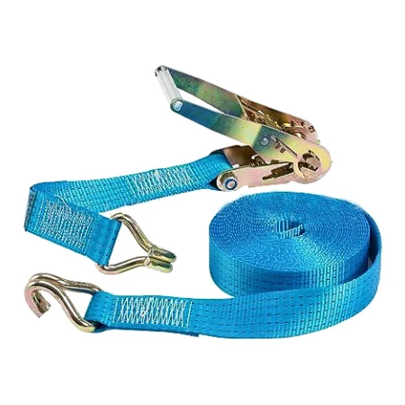 Blue ratchet tie-down strap with hooks, ratchet tensioner and coiled tail