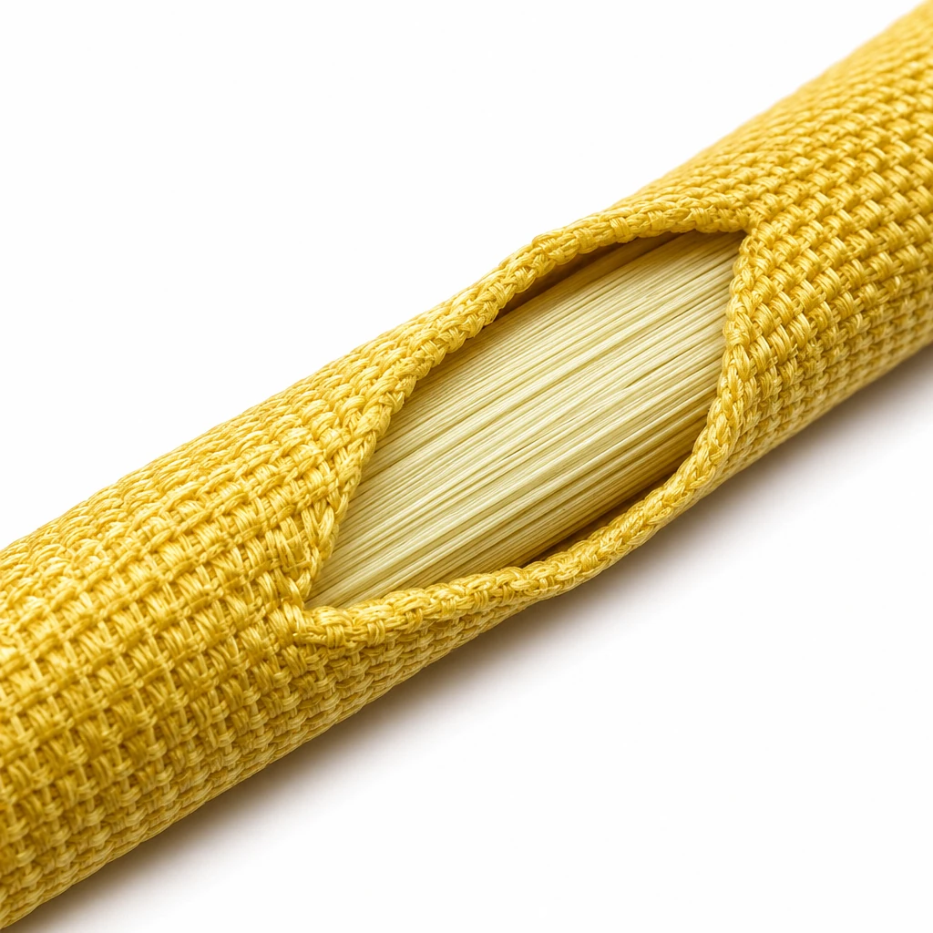 Macro view of an aramid round sling sleeve peeled back to reveal the parallel aramid filament core
