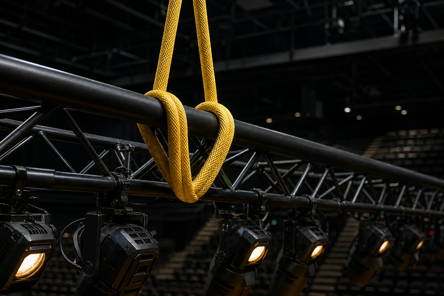Two golden aramid round slings lifting a glowing hot steel roll in a rolling mill