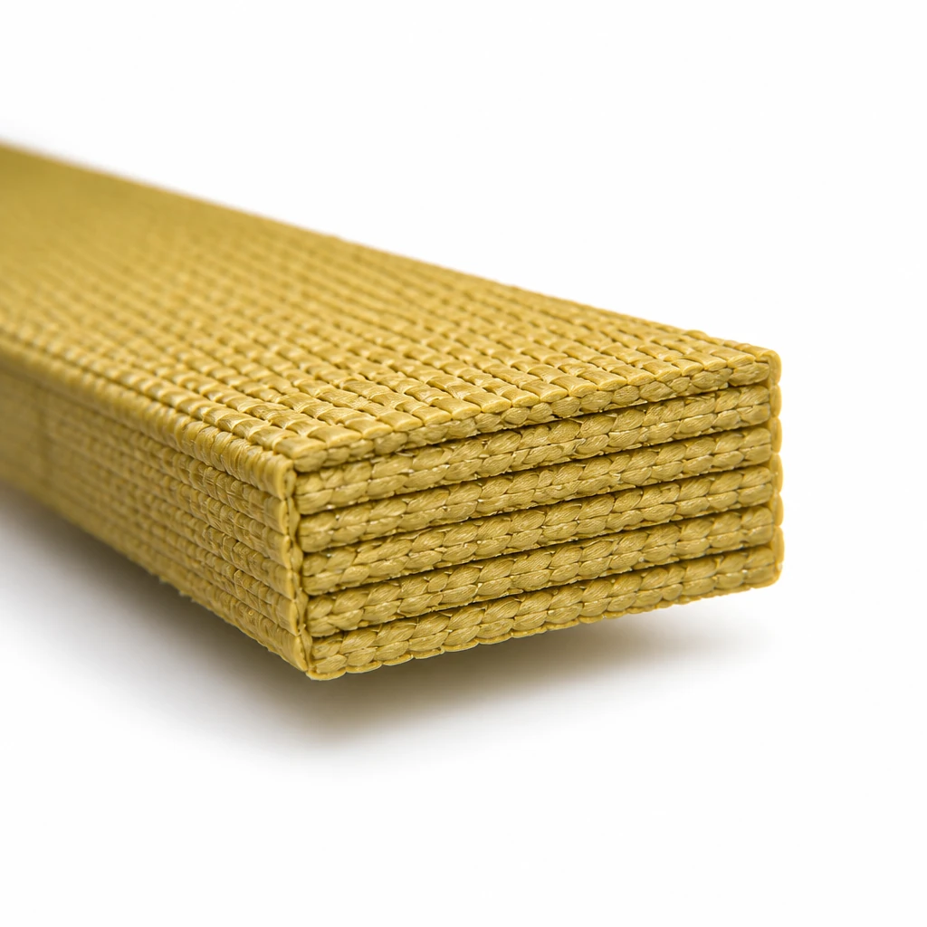 Golden aramid webbing slings lifting a lighting truss above a theatre auditorium