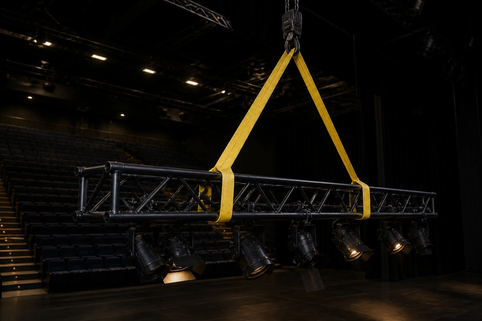 Golden aramid webbing recovery strop under tension between a recovery vehicle and a bogged vehicle