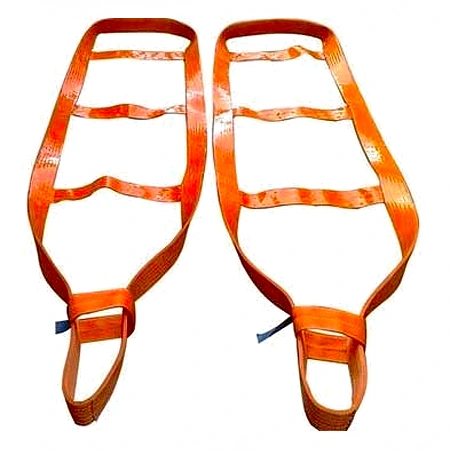 Pair of orange glass lifting slings with multiple webbing loops, laid on a white background
