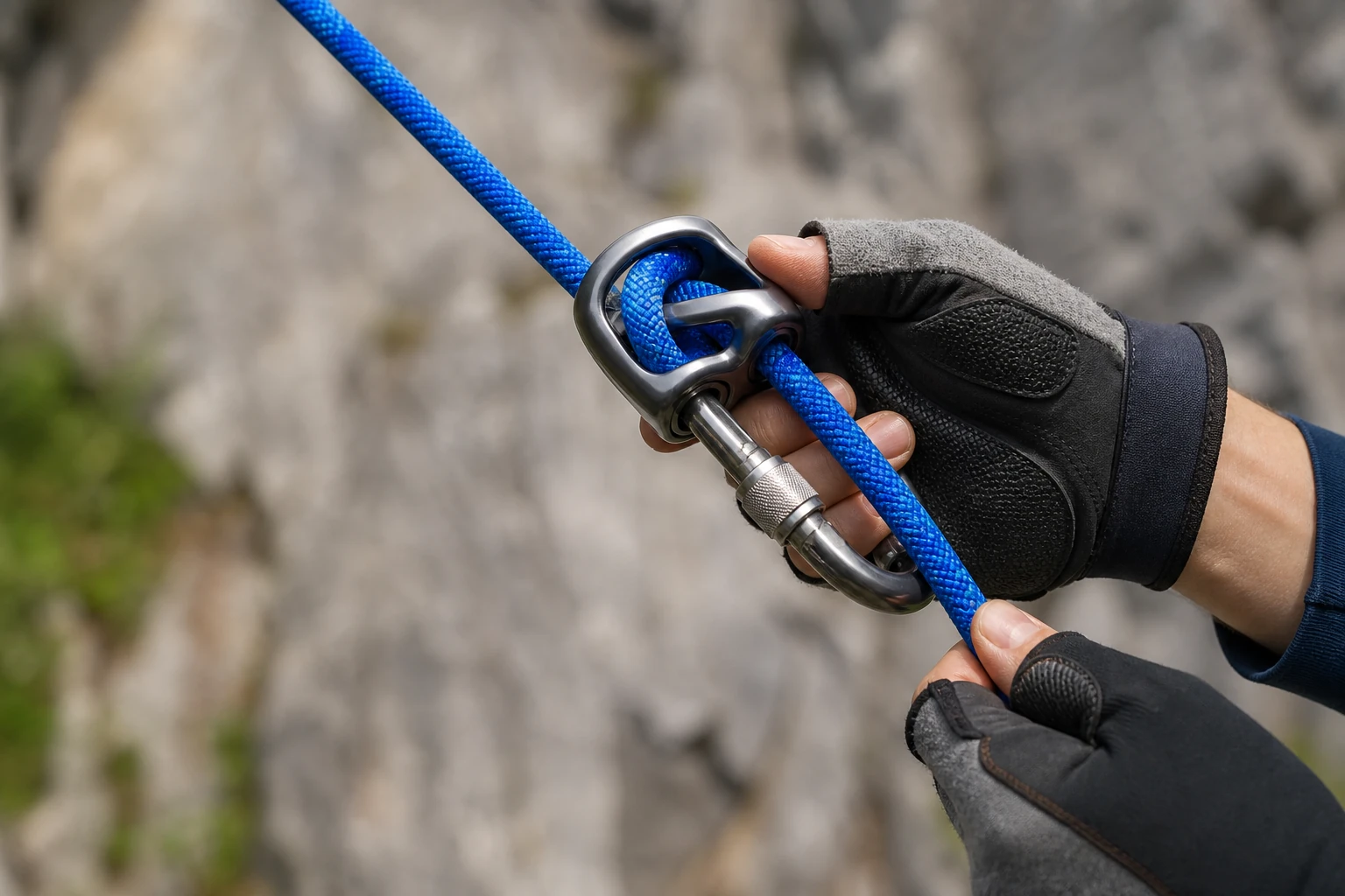 Blue climbing rope threaded through a locking carabiner held in gloved hands during belaying