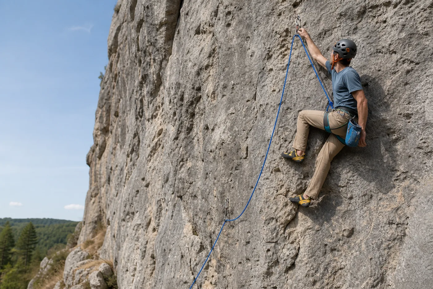 Lead climber on a limestone rock face clipping a blue dynamic climbing rope through a quickdraw