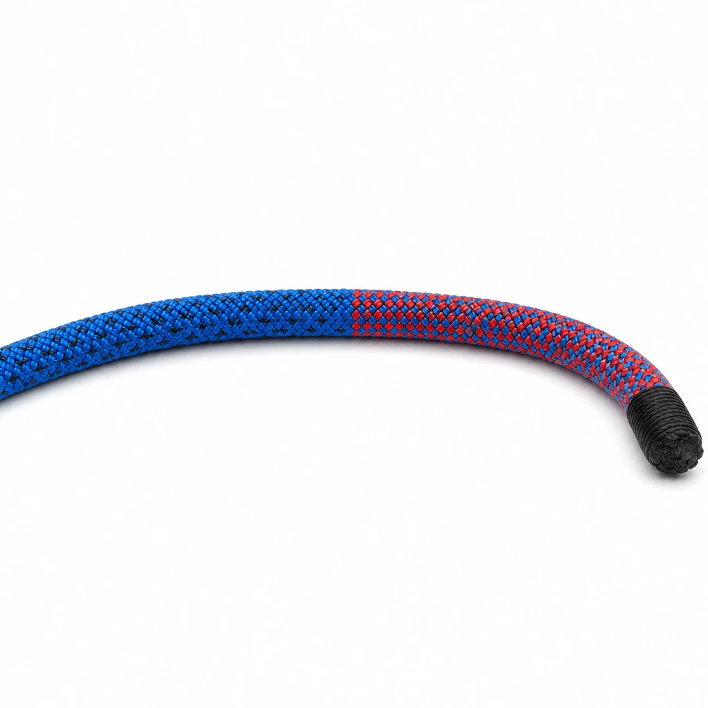 Close-up of bi-pattern climbing rope middle marker where the blue sheath changes to a red and blue pattern
