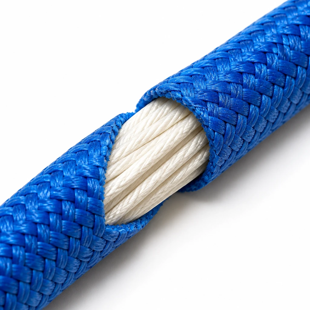 Macro view of kernmantle climbing rope with the blue braided sheath peeled back to reveal the white twisted nylon core