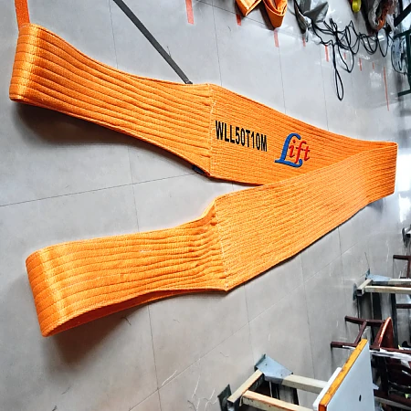 50 tonne webbing sling, 10 m, before coiling 50 tonne flat webbing sling, 10 m, branded Lift, laid out in the workshop before coiling