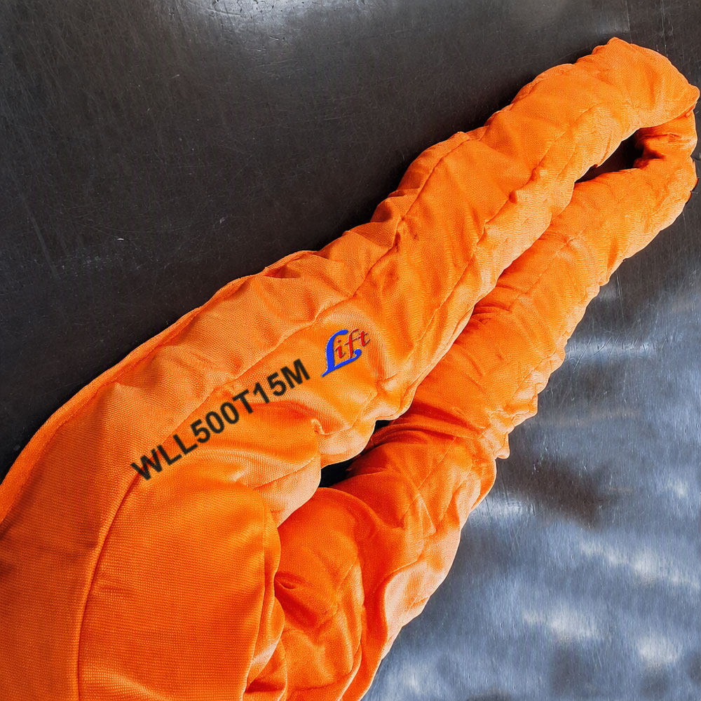 Close-up of a WLL 500T polyester round sling body marked WLL500T15M with Lift logo