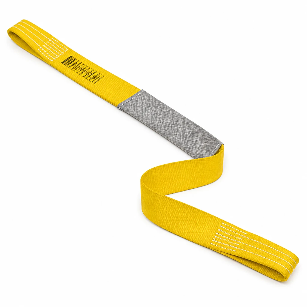 Yellow flat woven steel pipe lifting strap with two stitched eyes and a grey protective sleeve