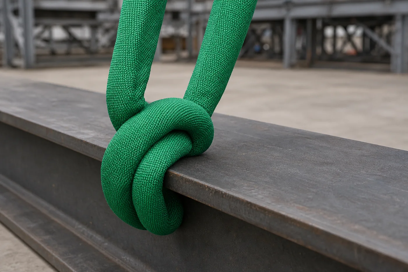 Emerald green endless round sling rigged in a choke hitch around a steel beam with the loop passed through itself