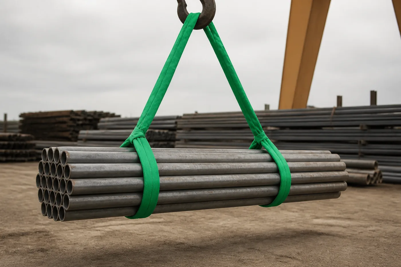 Two UHMWPE webbing slings in basket hitches lifting a heavy fabricated steel beam section in a fabrication hall