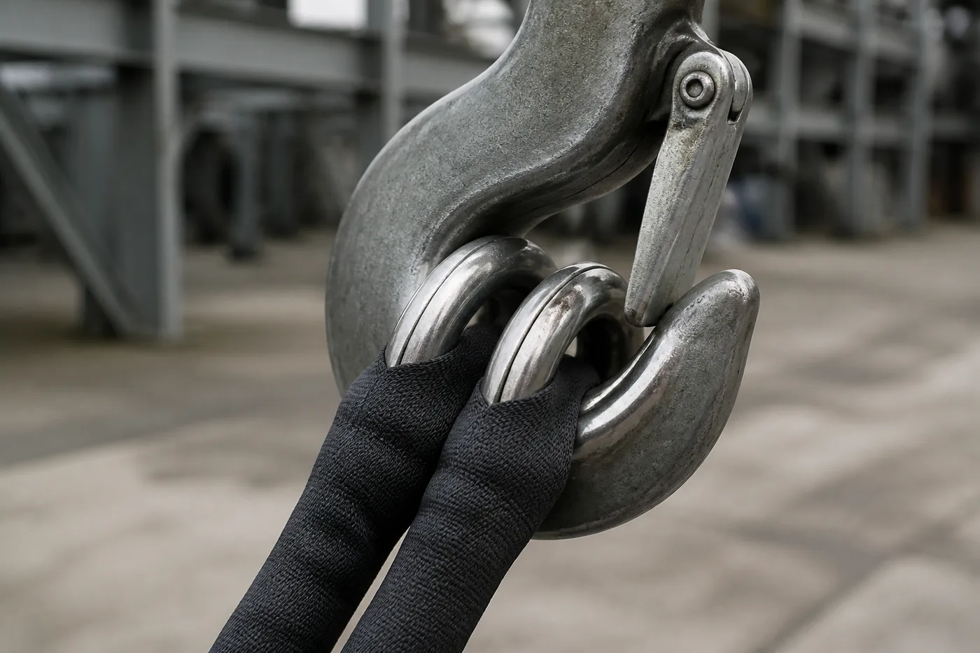 Protected round slings with grey wear sleeves lifting a stack of steel plate with sharp sheared edges
