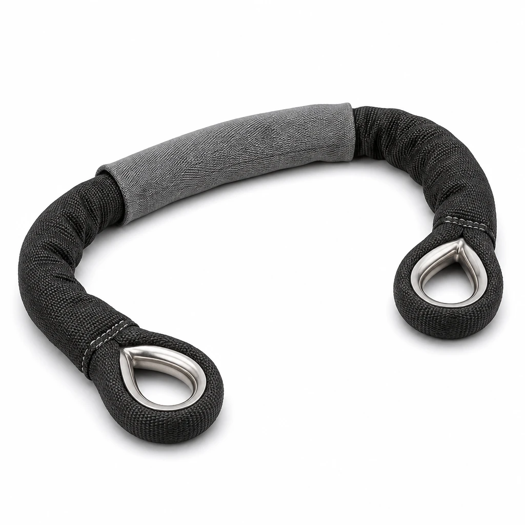 Black protected eye to eye round sling with stainless steel thimbles in both eyes and a grey wear sleeve over the body
