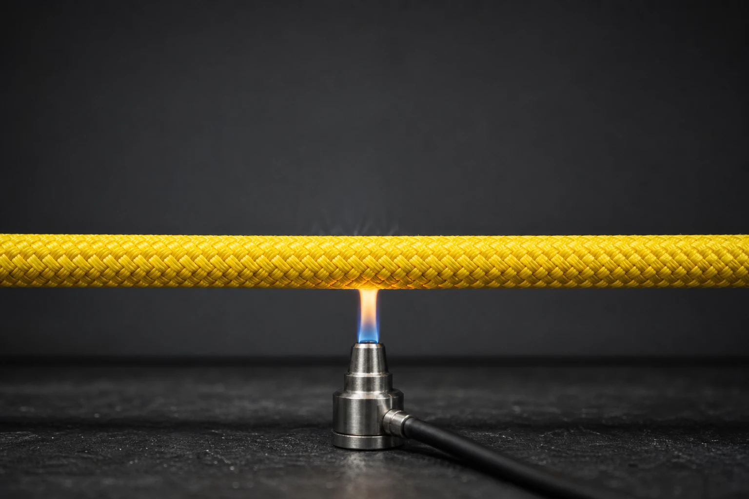 Firefighter descending a training tower on a safety-yellow fire rescue rope during a rescue drill
