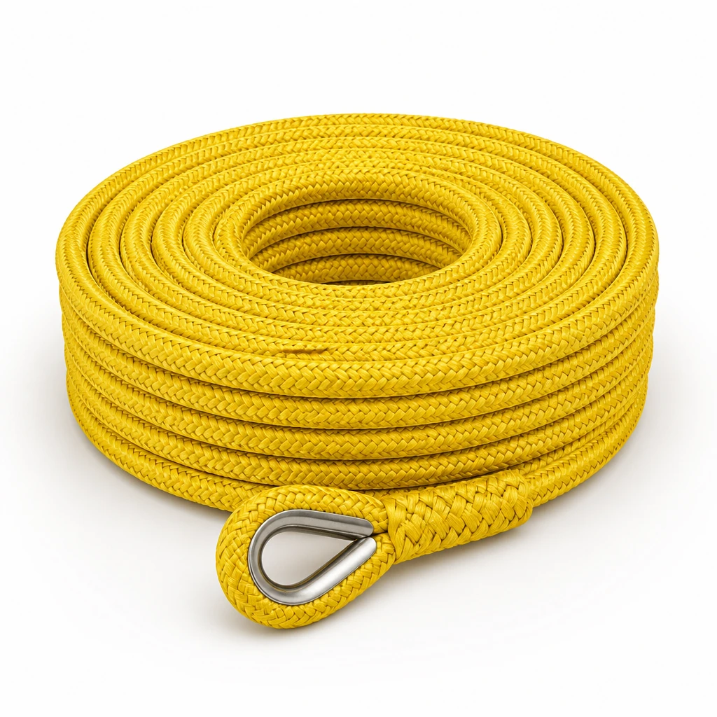Coiled yellow braided fire rescue rope with spliced eye and stainless steel thimble on white background