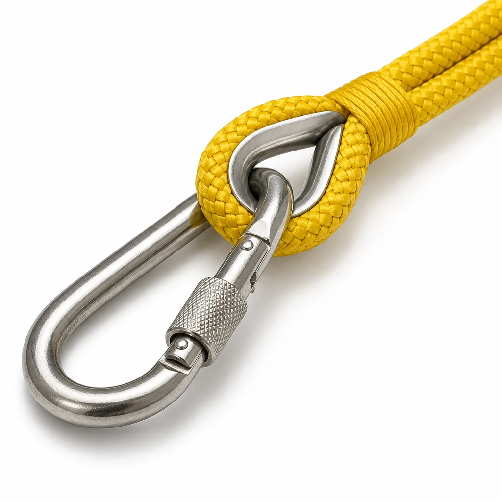 Close-up of fire escape rope spliced eye, stainless steel thimble and screw-lock carabiner