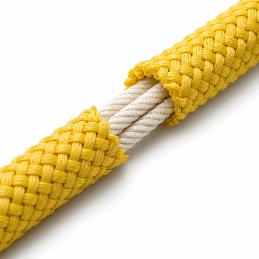 Macro view of kernmantle fire rescue rope showing braided outer sheath stripped back to reveal the parallel inner core