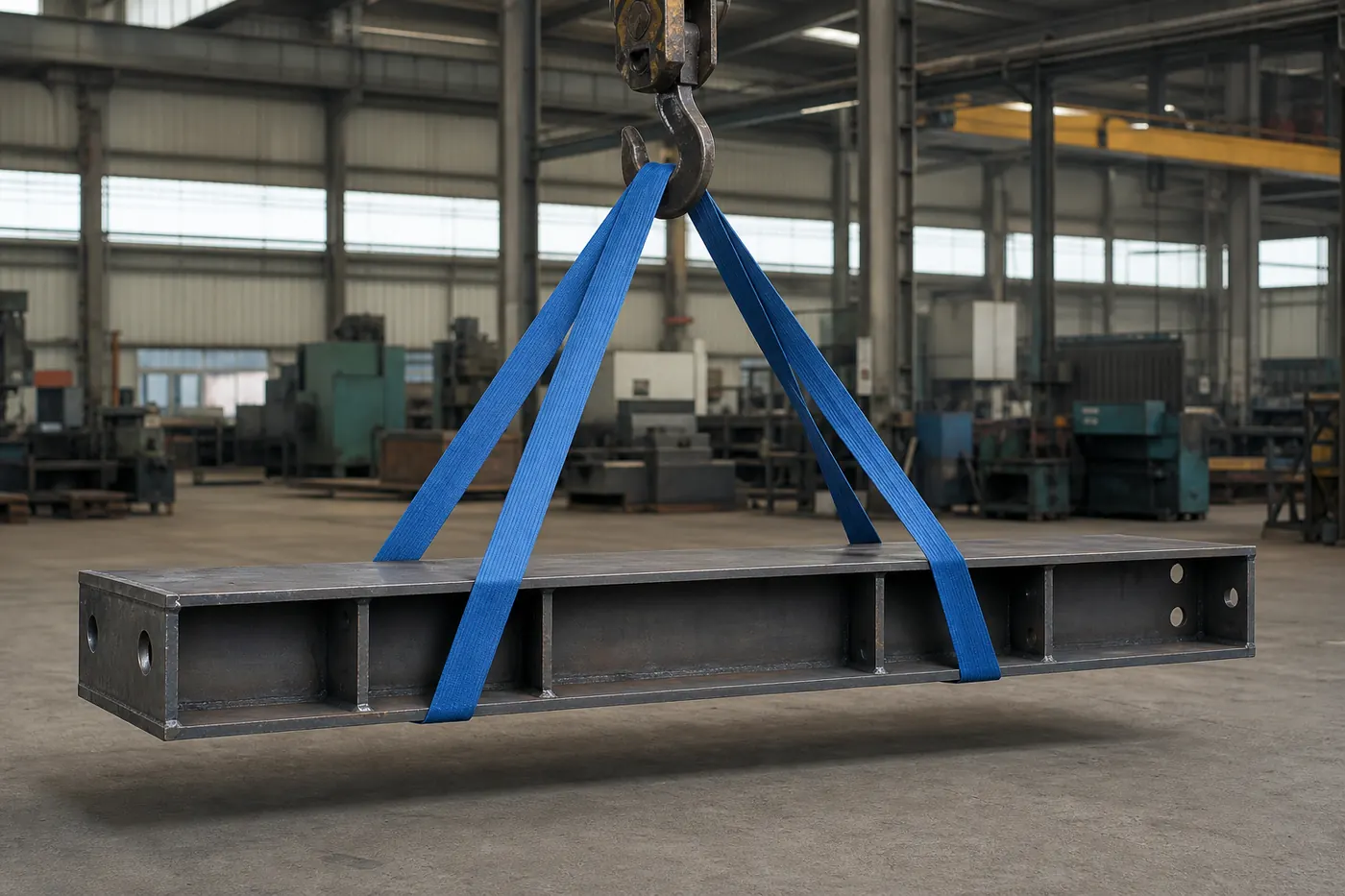 Two blue flat woven webbing lifting slings in basket arrangements lifting a fabricated steel component