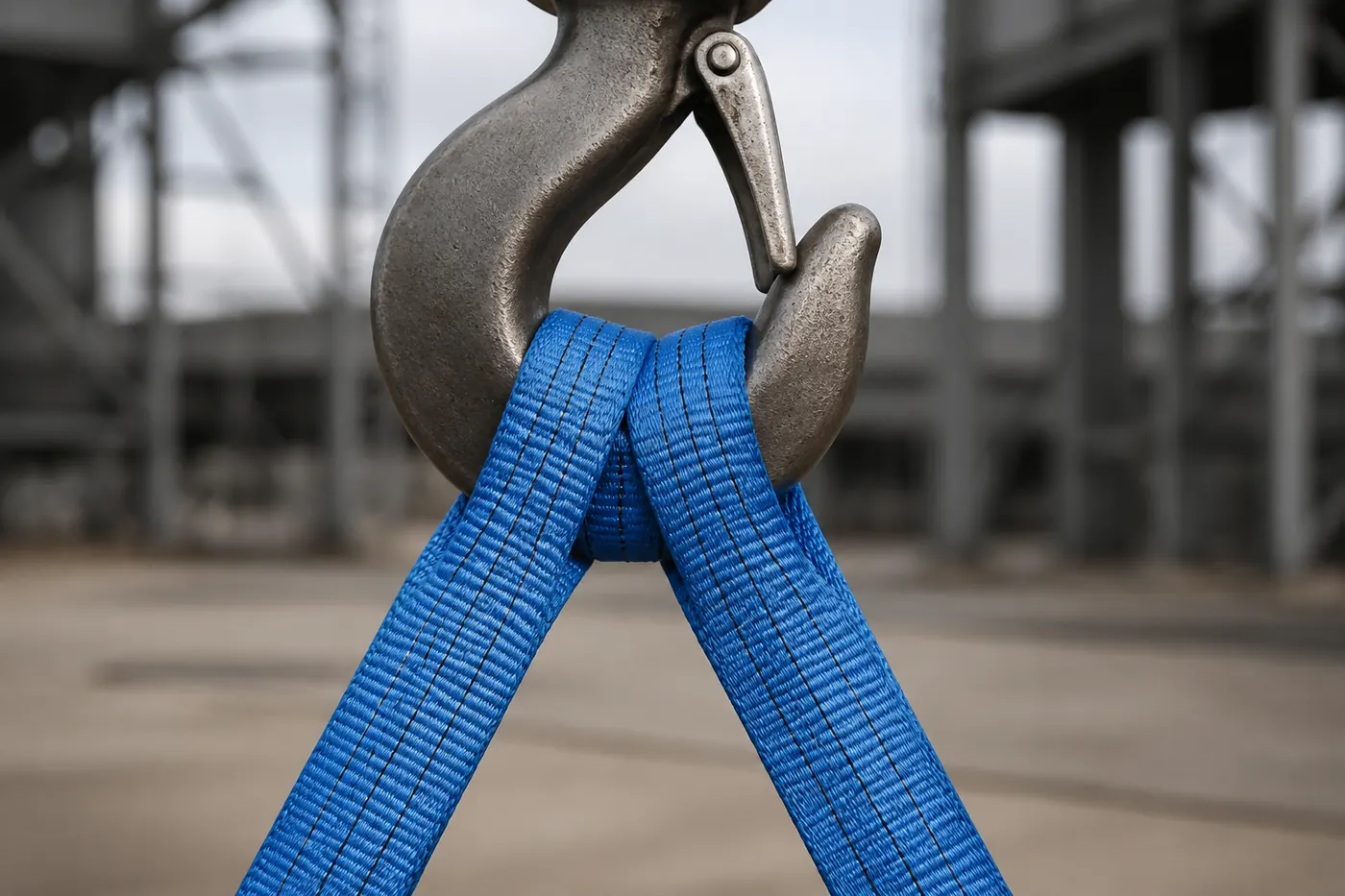 Blue flat woven webbing lifting sling passing over a forged crane hook with both parts seated in the hook bowl