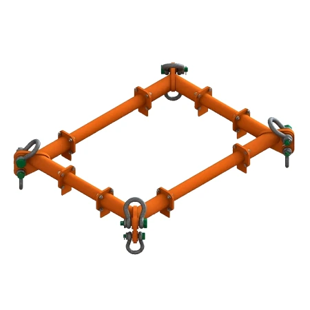 Modular four-point lifting frame in orange with bolted corner joints and four lower shackle points