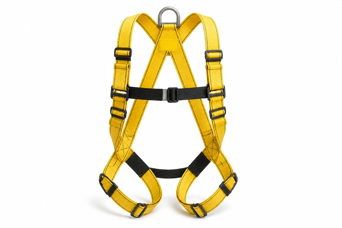 Close-up of the forged steel dorsal D-ring and bar-tack reinforced stitching on a full body safety harness