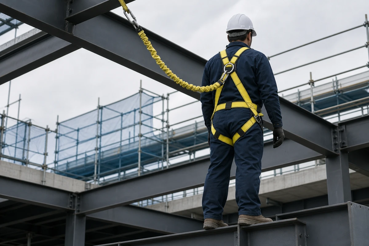 Construction worker wearing a full body safety harness with lanyard while working at height on steel structure