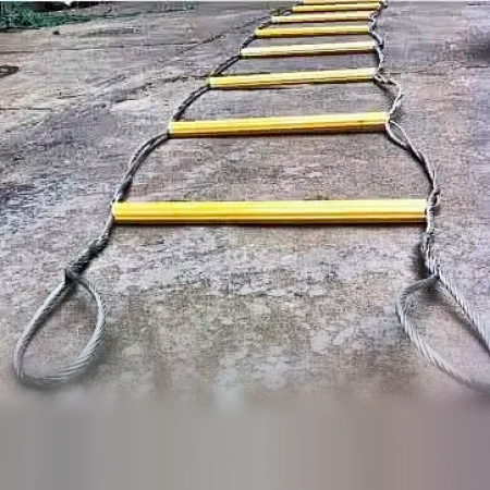 Wire rope ladder with braided cover inspected for abrasion at the rung ends and along the stringer