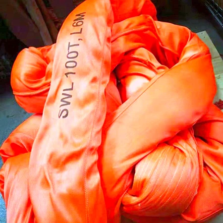 100 tonne round sling in an orange polyester sleeve printed SWL 100T and L6M
