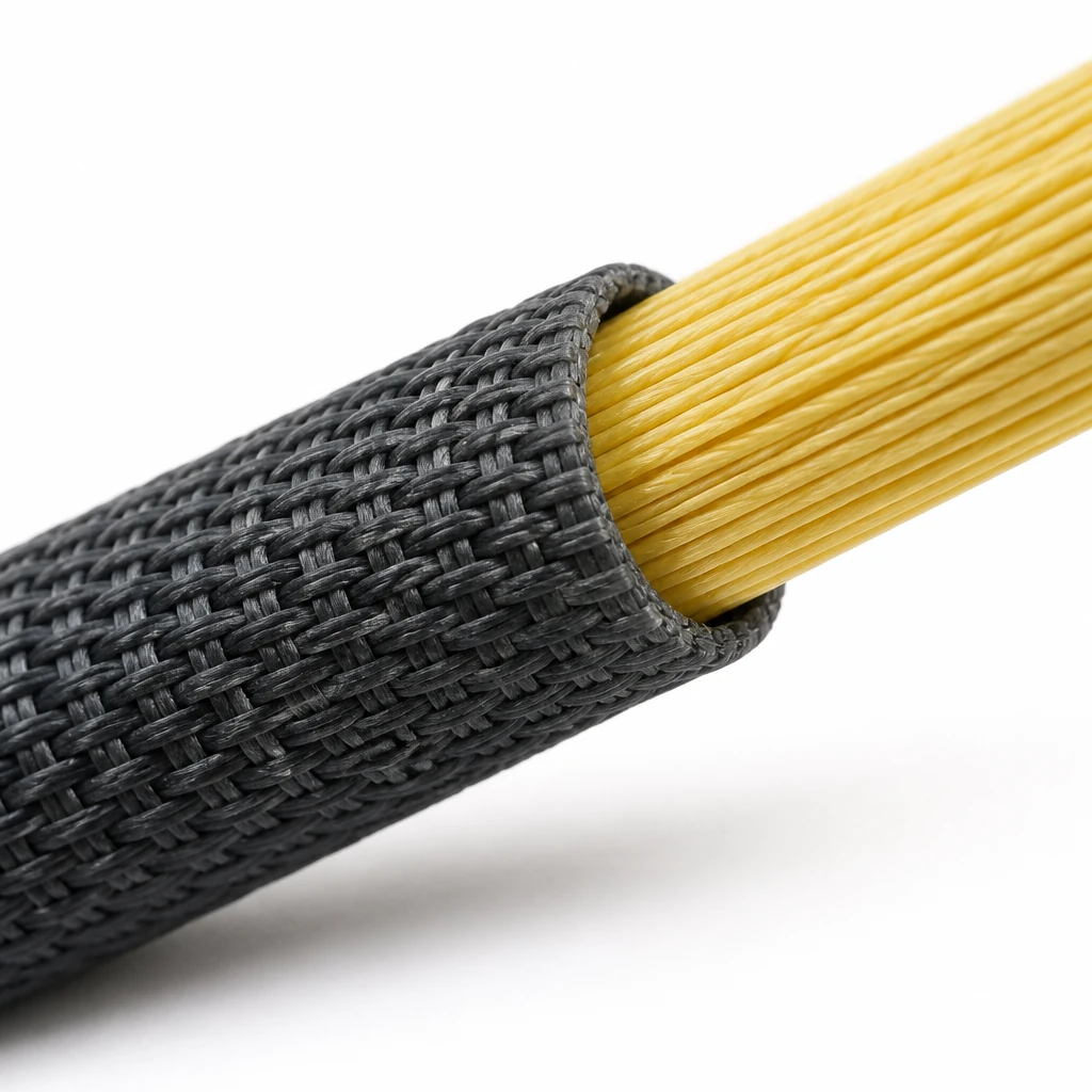 Macro view of a heat-resistant round sling sleeve mouth with the parallel aramid core emerging
