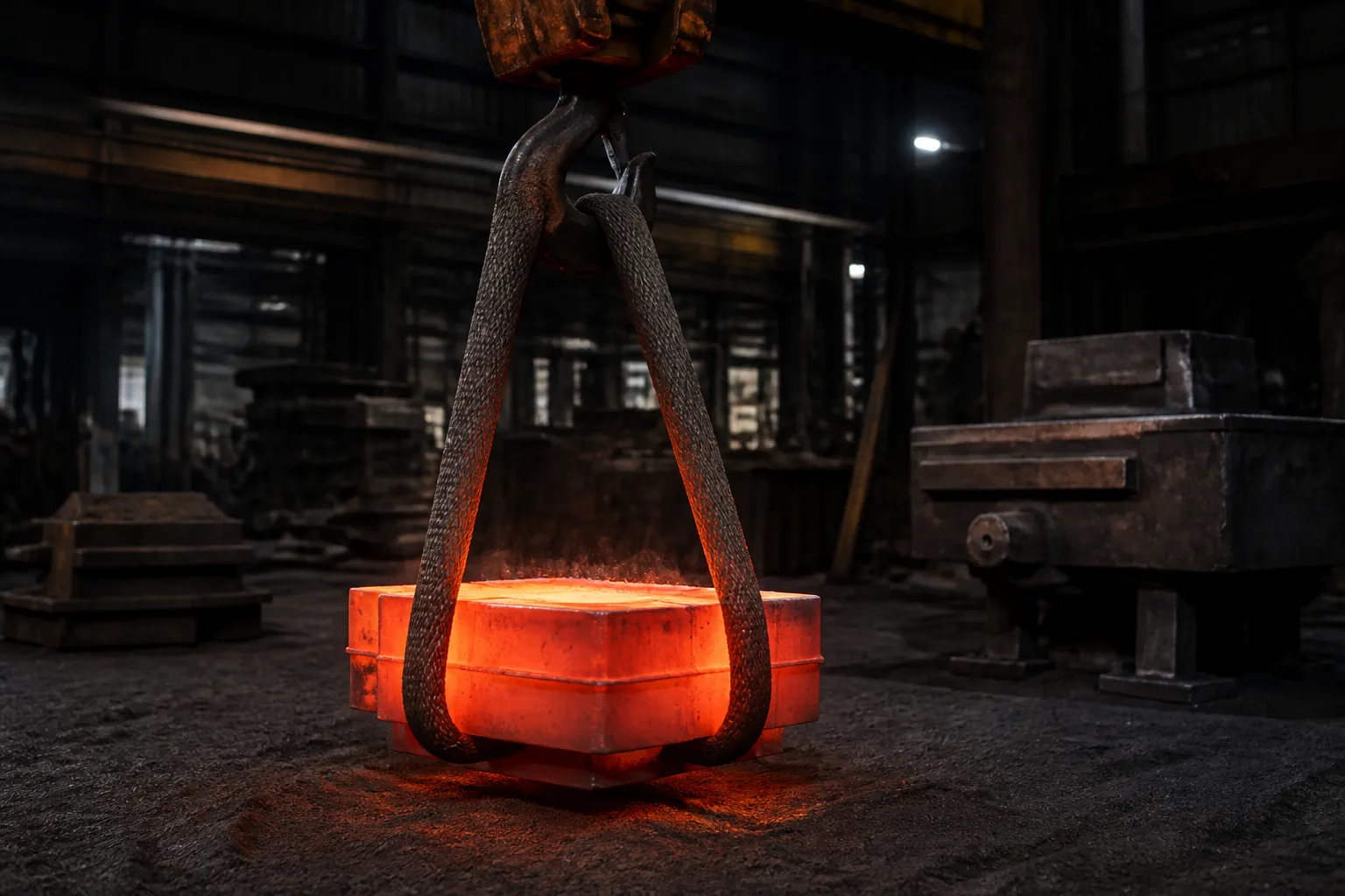 Heat resistant round slings lifting a glowing hot hollow steel pipe with its bore visible