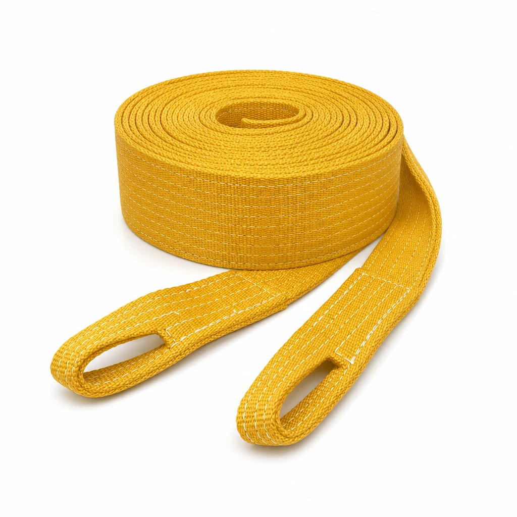 Golden aramid webbing sling rolled into a coil with both stitched eyes laid out flat