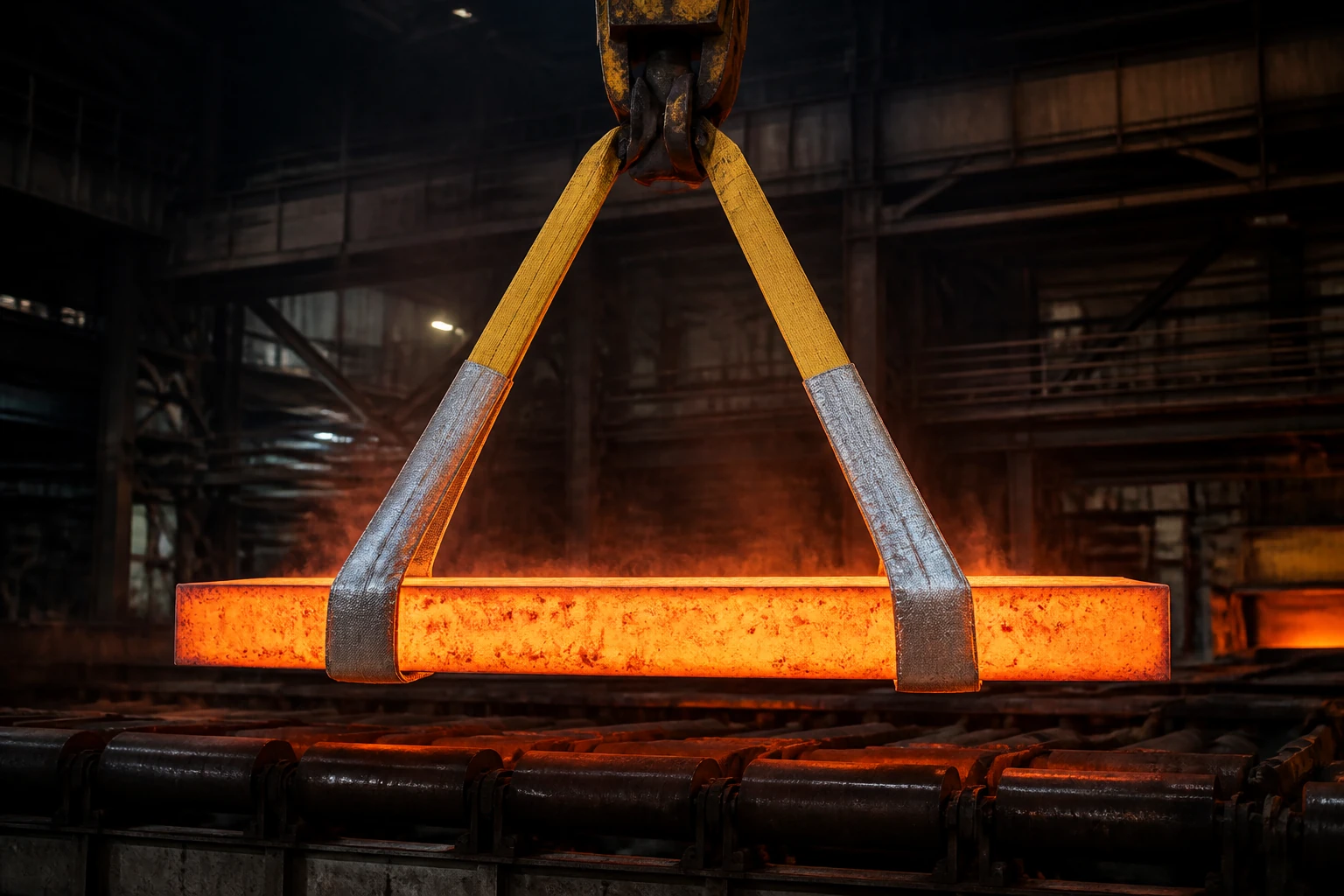 Aramid webbing slings with heat resistant sleeves lifting a hot iron casting in a foundry