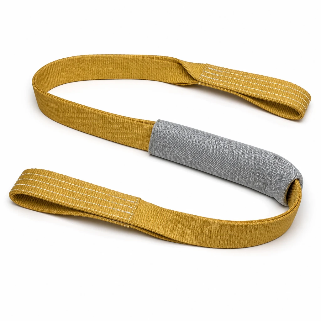 Golden aramid high temperature webbing sling with stitched eyes and a silvery-grey heat resistant protective sleeve