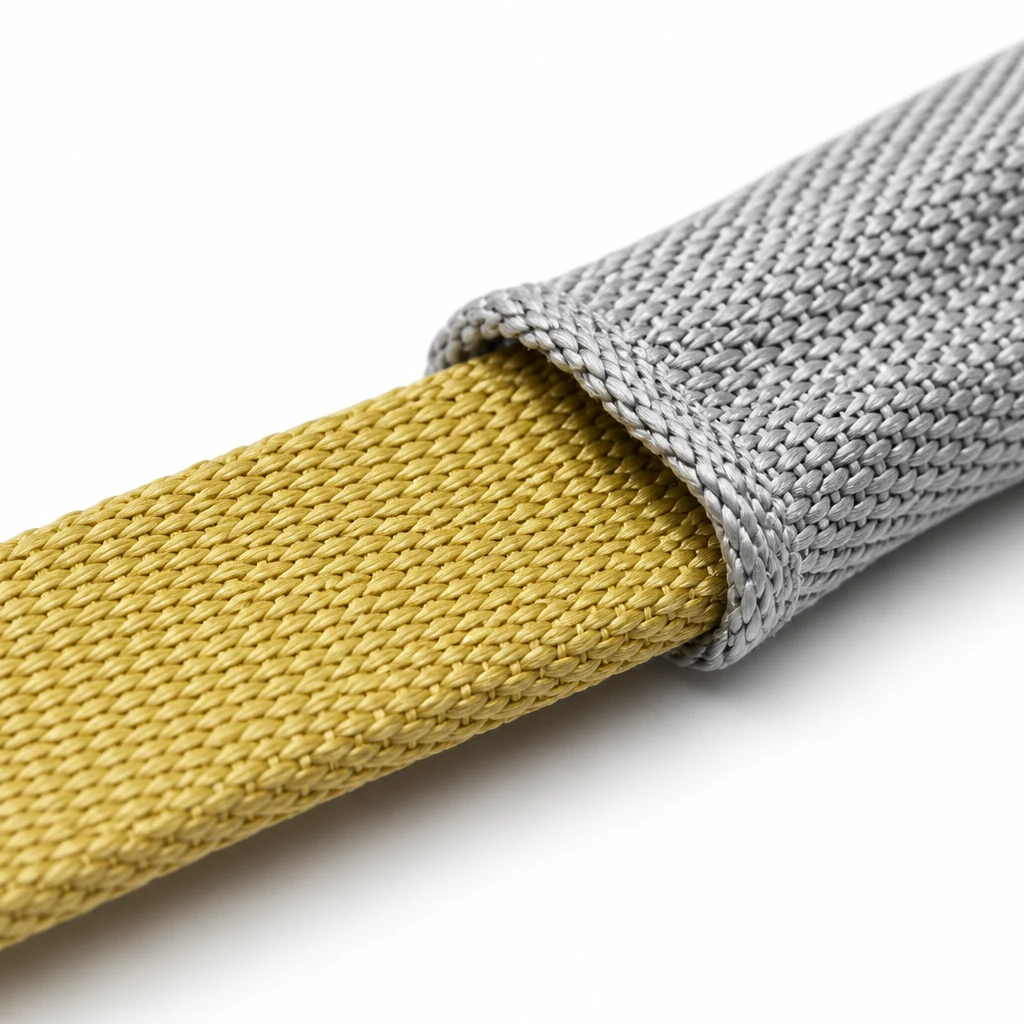 Macro view of a heat resistant sleeve slid back to reveal the golden aramid webbing sling underneath