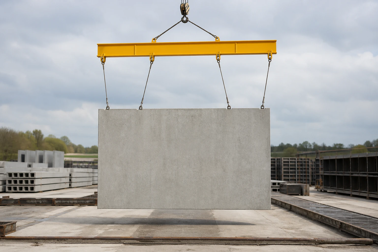 Precast concrete wall panel lifted with four slings from a yellow lifting beam in a precast yard