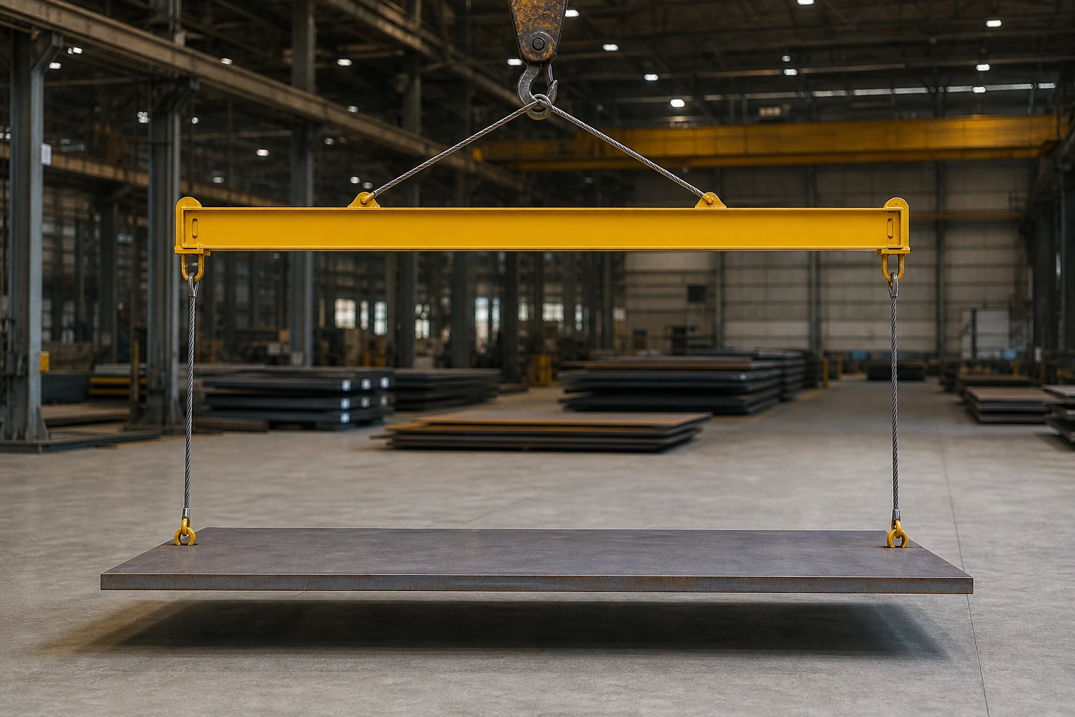 Overhead crane lifting a large steel plate with a yellow spreader beam and two vertical wire rope slings