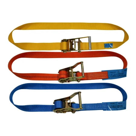 Three ratchet tie-down straps in yellow, red and blue with hooks and ratchets