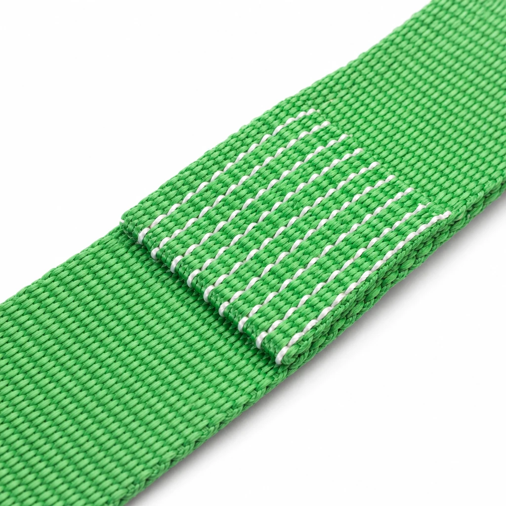 Macro view of the multi-row stitched join that closes a polyester endless loop lifting sling
