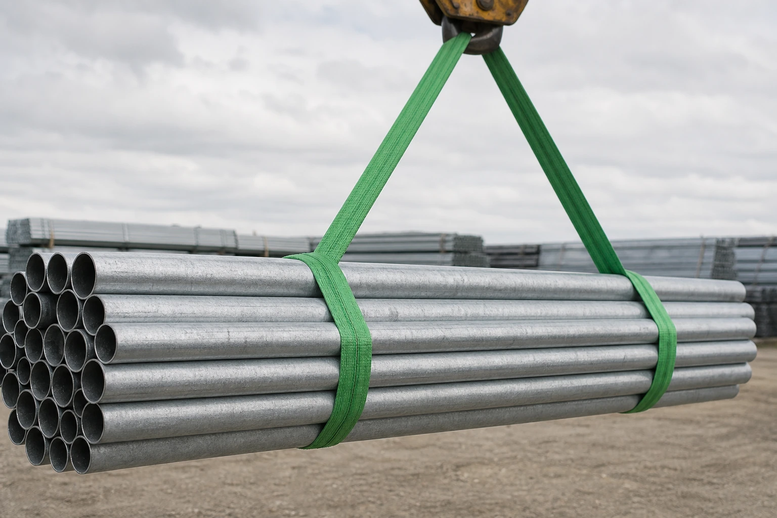 Two green endless loop single-use lifting slings wrapped around a bundle of galvanised steel pipes being lifted level