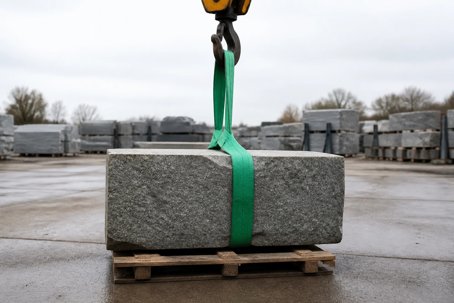 Green endless sling loop sitting directly over a crane hook with no shackle, thimble or fitting