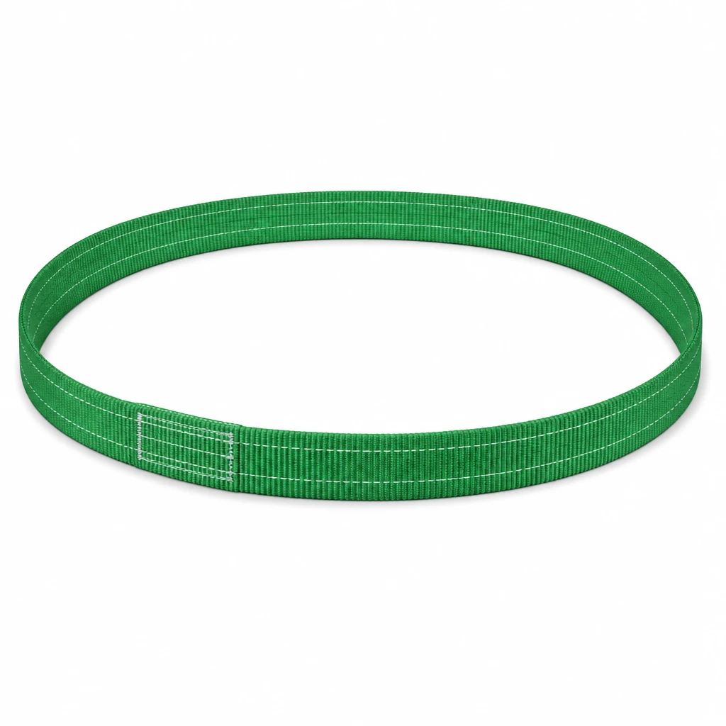Green flat woven polyester endless loop single-use lifting sling laid out as an open ring with the stitched join visible