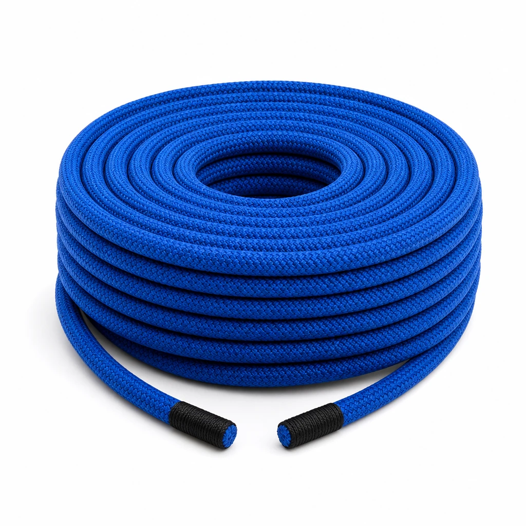 Coiled blue 9.8 mm kernmantle dynamic climbing rope with whipped ends on white background