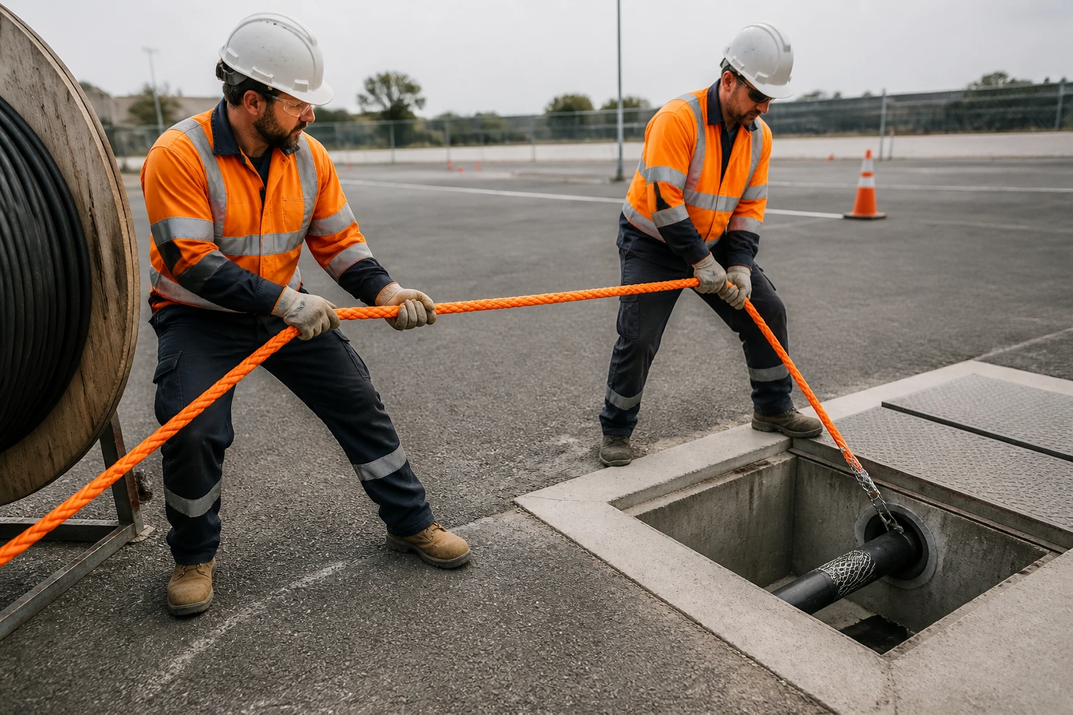 Workers pulling a cable into a duct with an orange 12-strand pulling rope at a manhole