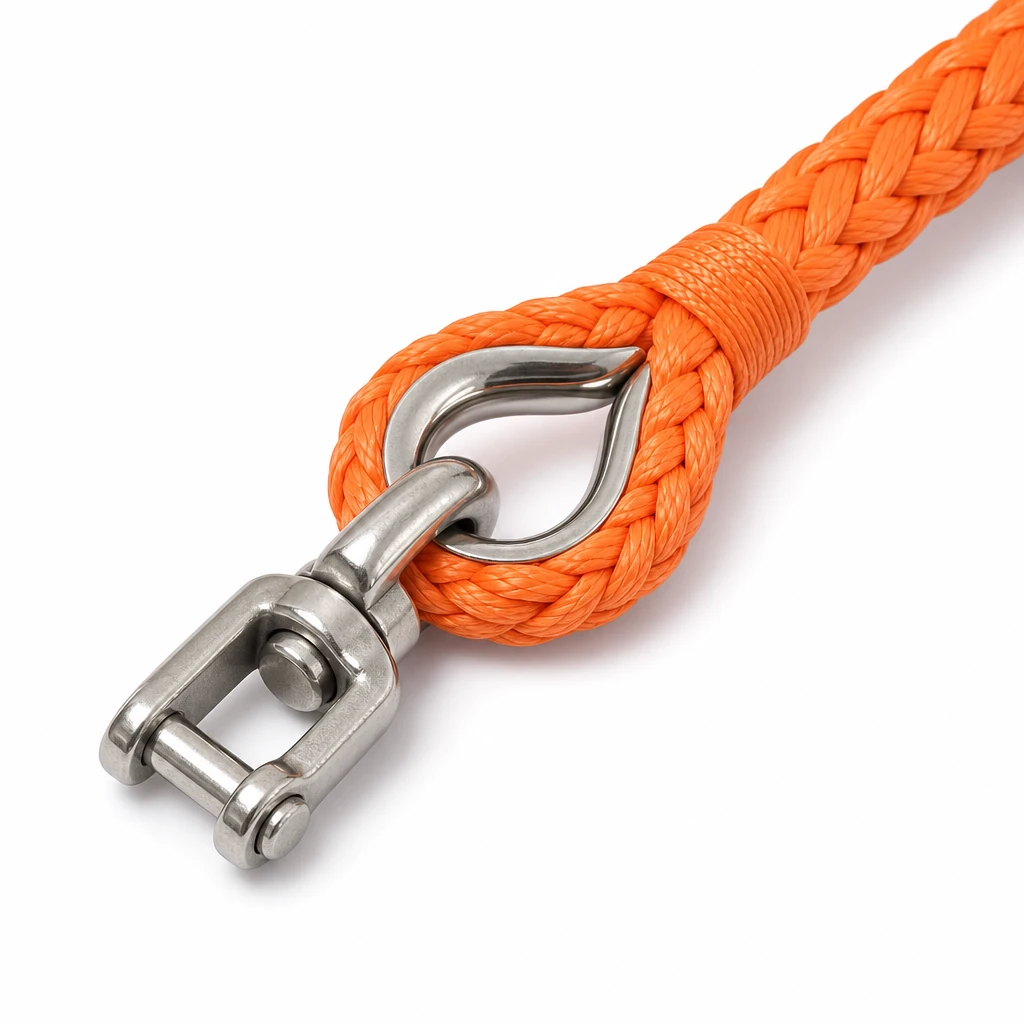 Close-up of pulling rope spliced eye with stainless steel thimble and swivel clevis connector