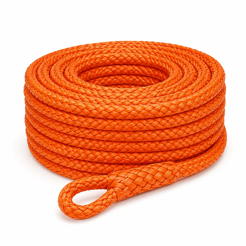 Coiled orange 12-strand braided UHMWPE pulling rope with hand-spliced eye on white background