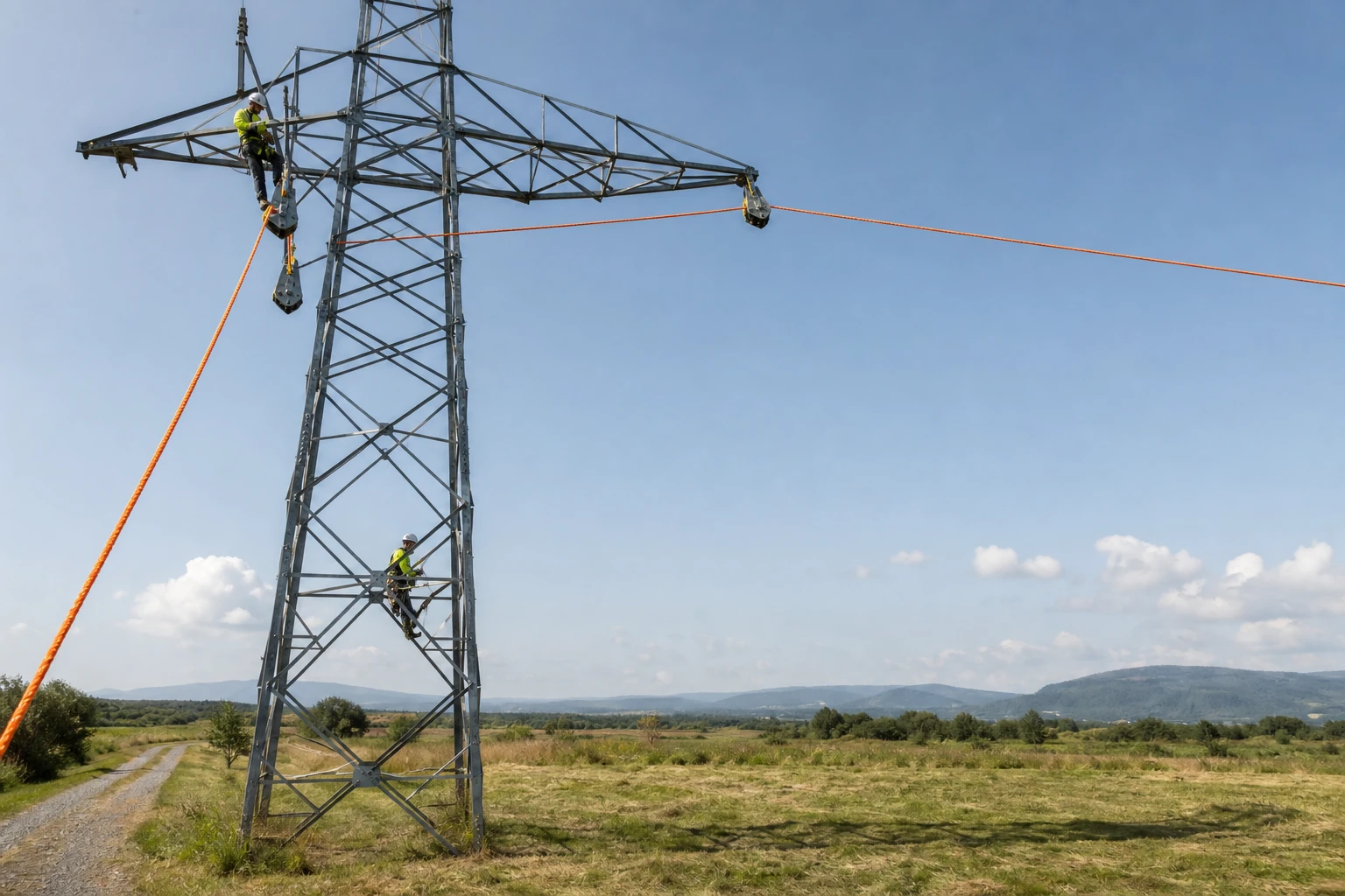 Pulling rope being used for power line stringing through pulley blocks on a transmission tower