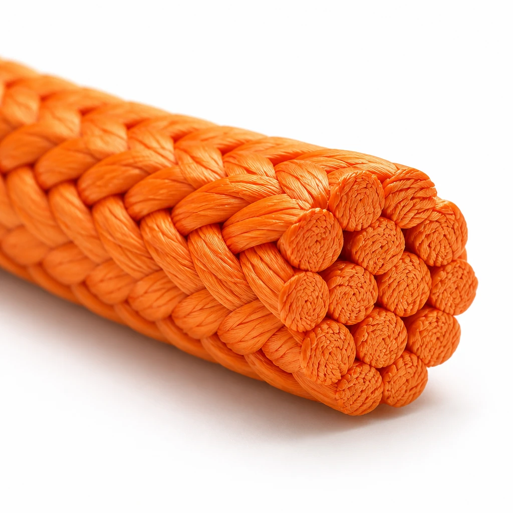 Macro view of 12-strand braided pulling rope cross-section showing all parallel load-bearing strands