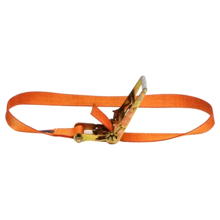 Ratchet tie-down strap laid out in a long loop with its ratchet and hooks