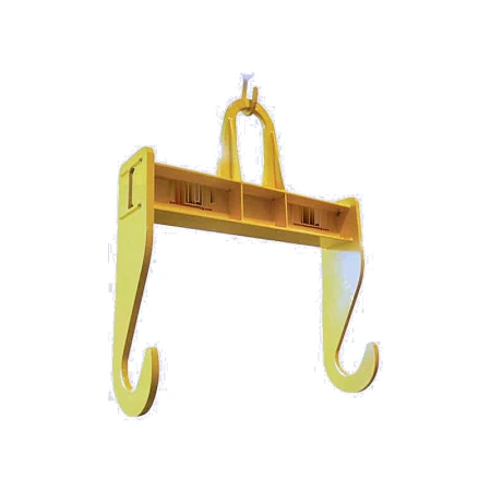 Roll lifting beam with two core-entry hook arms carrying a horizontal roll