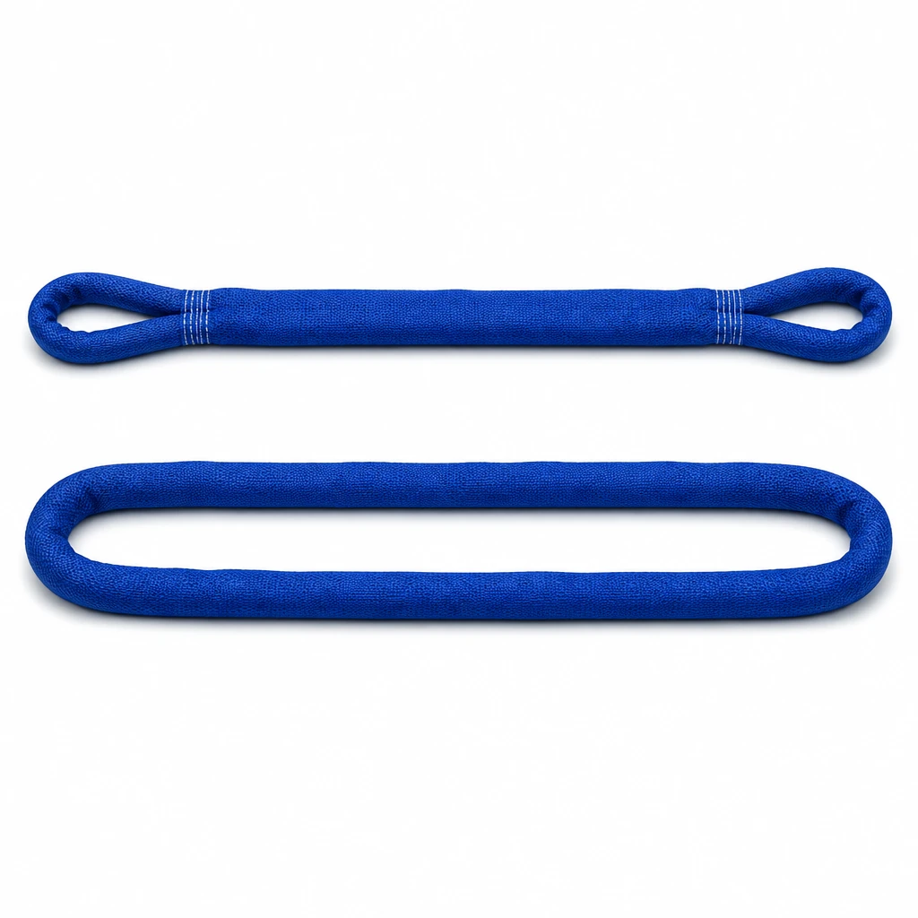 Two stitched eyes of a blue eye and eye round sling seated side by side in a forged crane hook bowl
